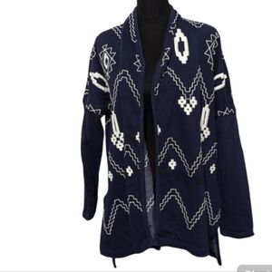 Blue Bayou Blue & Cream Embroidered Cardigan. Size: Large GUC